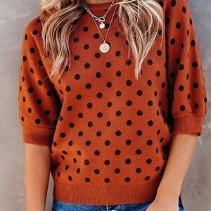 Philosophy Burnt Orange & Black Polka Dot Half Sleeve Blouse Top Size Small